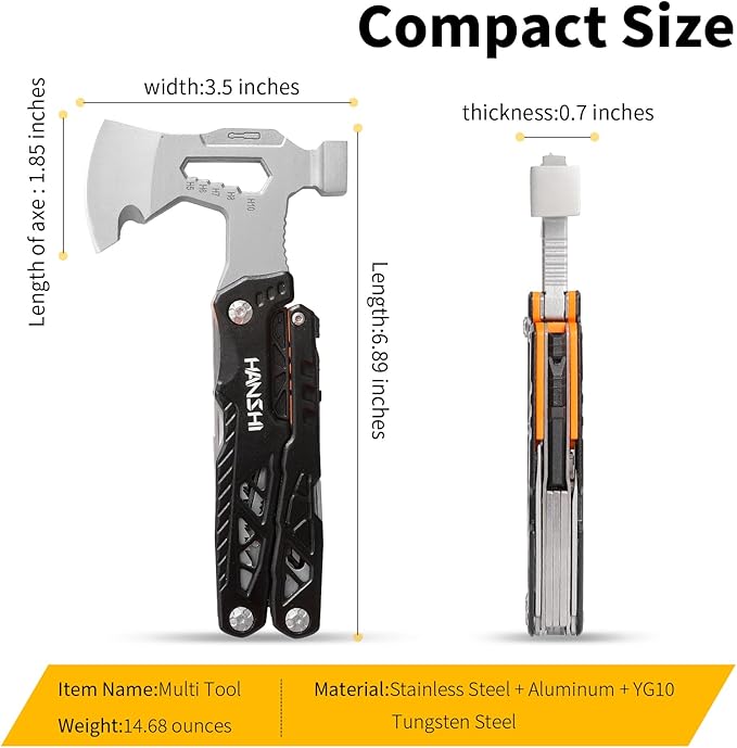HANSHI Camping Axe Multitool with YG10 Tungsten Steel Replaceable Wire Cutters for Gift17 in 1 Multi Tool with Spring-Action PliersKnifeScrewdriverFlint RobSafty Whistle with Nylon Sheath (Black)