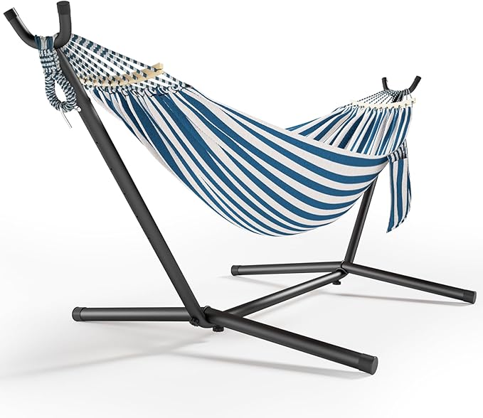 600lbs Hammock with Stand for Outside 2 Person Portable Hammock with Side Storage Carrying Bag Expend Wooden Bar for Outdoor or Indoor (Blue White)