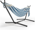 600lbs Hammock with Stand for Outside 2 Person Portable Hammock with Side Storage Carrying Bag Expend Wooden Bar for Outdoor or Indoor (Blue White)