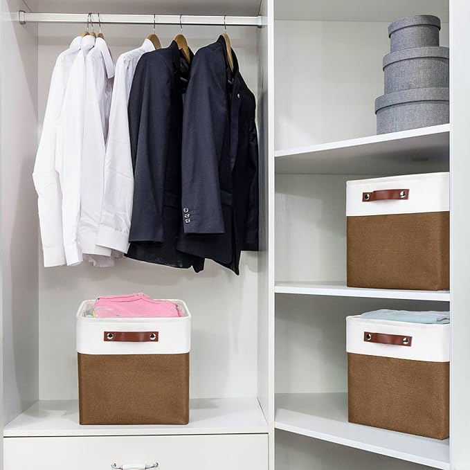 Collapsible Fabric Storage Cubes 11x11 Cube Storage Bins 4 Pack Closet Baskets Box with Handles for Organizing Shelf Toys Clothes Home Office Nursery (Brown&ampWhite)