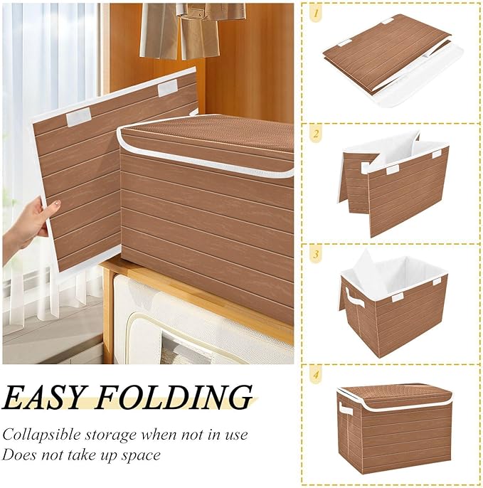 Collapsible Storage Bins with Lids Decorative Fabric Storage Cubes Closet Organizer and Storage Basket Boxes Containers for Clothes Box Chest Folding Rectangle Wood Print