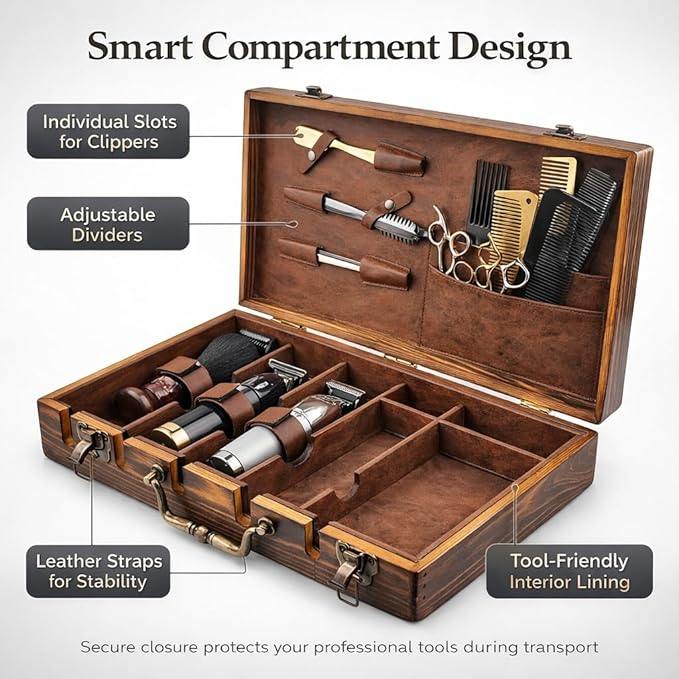Professional Barber Tool Case Wooden Hairdressing Organizer with Metal Lock &amp Handle Portable Storage Box for Clippers Scissors &amp Accessories