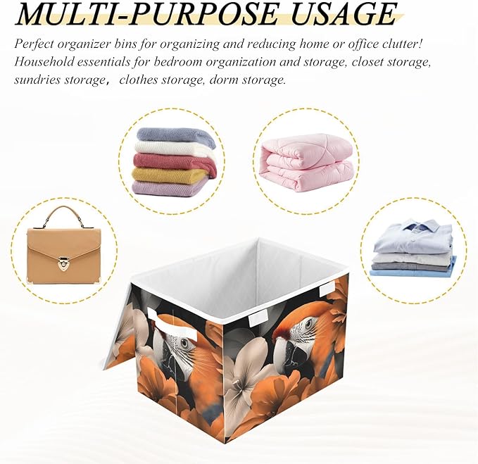 AIXIWAWA Lidded Storage Cube (Parrot Floral) Fabric Foldable Closet Bins with Flip Lid and Handles Organizer Basket Container 16.5 x 12.6 x 11.8 IN