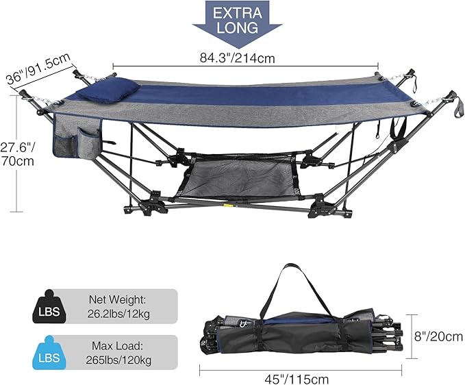 RedSwing Camping Hammock with Stand XXL Portable Hammock with Removable Pillow and Storage Net Foldable Heavy Duty Steel Frame Space Saving for Indoor Outdoor Backyard Beach Garden