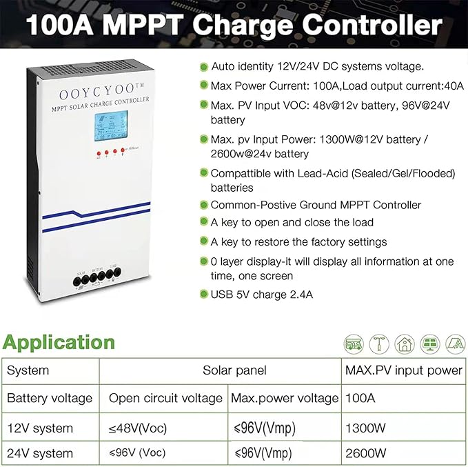 100 Amp MPPT Solar Charge Controller 24V 12V Auto 100A Solar Panel Regulator Max Input Power 2500W for AGM Sealed Gel Flooded Lithium Battery