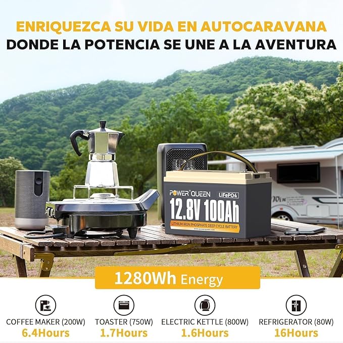 Power Queen 12V 100Ah LiFePO4 Batería 1280Wh Batería de litio con 100A BMS 15000 Ciclos Profundos Soporte en Serie/Paralelo muy Utilizado para Caravanas RV Barco Sistema Solar