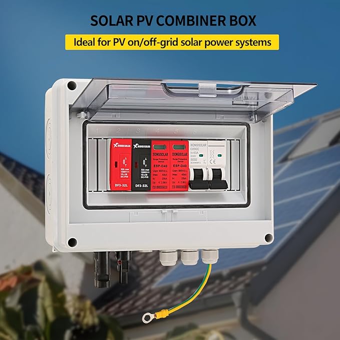 VOU 600V Solar DC PV Combiner Box for Solar Panel1 String with Lightning Arrester Connector for On/Off Grid Solar Panel System1 Input 1 Out 15A Rated Current Fuse63A Circuit BreakerWaterproof