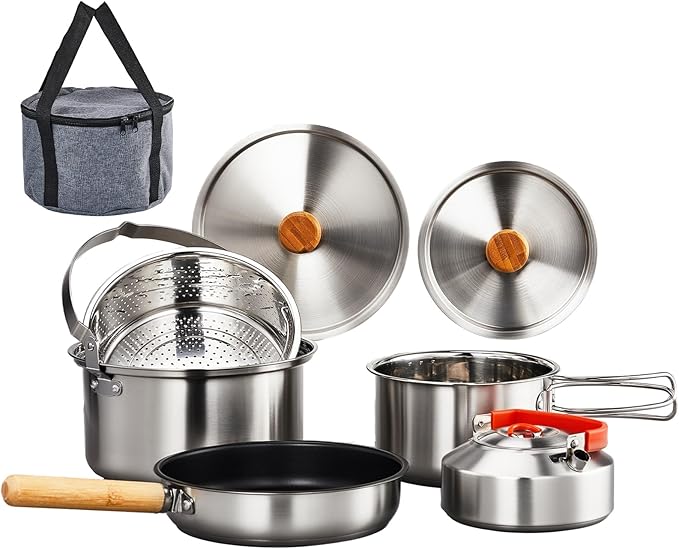 ROVSUN 34/10/6 pcs Camping Cookware Mess Kit Lightweight Non-Stick Camping Cooking Pot and Pan Set with Stainless Steel Camping Gear Kettle Cup for Open Fire Backpacking Outdoor Cooking