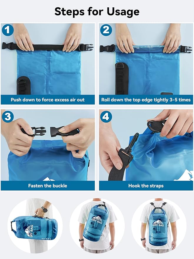 HEETA Waterproof Dry Bag for Women Men (Blue 5L) Bundled with Self Inflating Sleeping Pad with Electric Pump 4 Ultra Thick Memory Foam Camping Mattress