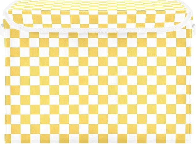 Yellow Checkerboard Storage Baskets Lidded Bin Foldable Storage Boxes Cubes Lids with 2 Handles for Organizing Closet Home Office