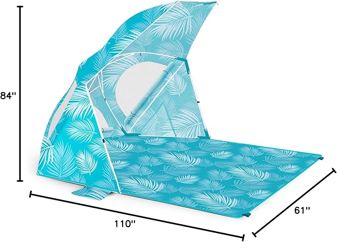 OutdoorMaster Update Pop Up Beach Umbrella Portable Beach Tent Shelter Beach Shade Sun Canopy with UPF 50+ UV Protection Extendable Floor with Carrying Bag - Blue Feathers