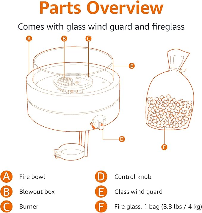 Amazon Basics 14-Inch Round Propane Fire Pit 9000 BTU Portable Tabletop Fireplace with Glass Stones Umbrella Hole Compatible for Outdoor Patio Tables Gas Fire Pit for Dining Brown
