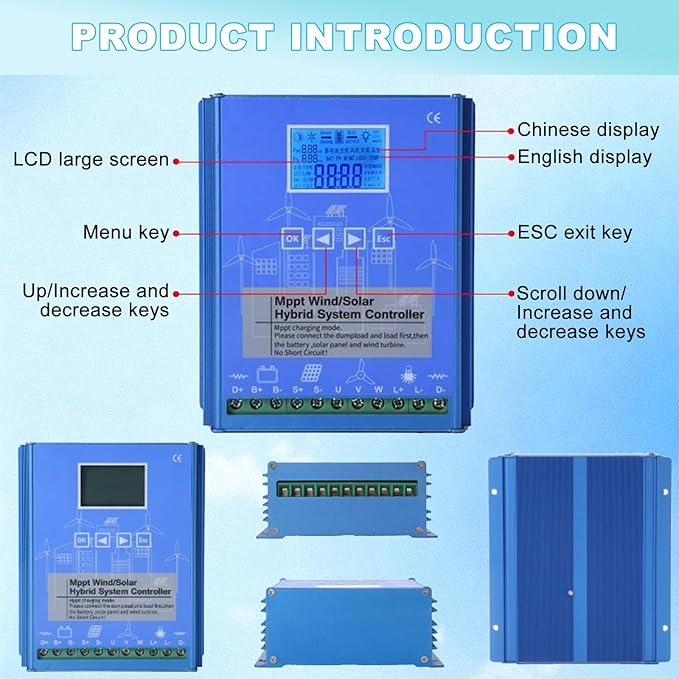 15000W Wind Solar Hybrid Charge Controller - 24V/48V Auto MPPT Boost Charge Regulator with LCD Display and Dump Load 24V/48V