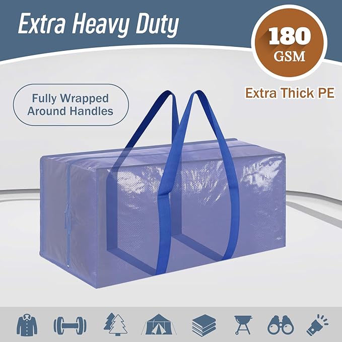 12 Pack Extra Heavy Duty Large Moving Bags with Strong Zipper &amp Comfortable Handles Sturdy &amp Durable Clothes Storage Bags Totes Bins Packing Moving Boxes for College Supplies Blue