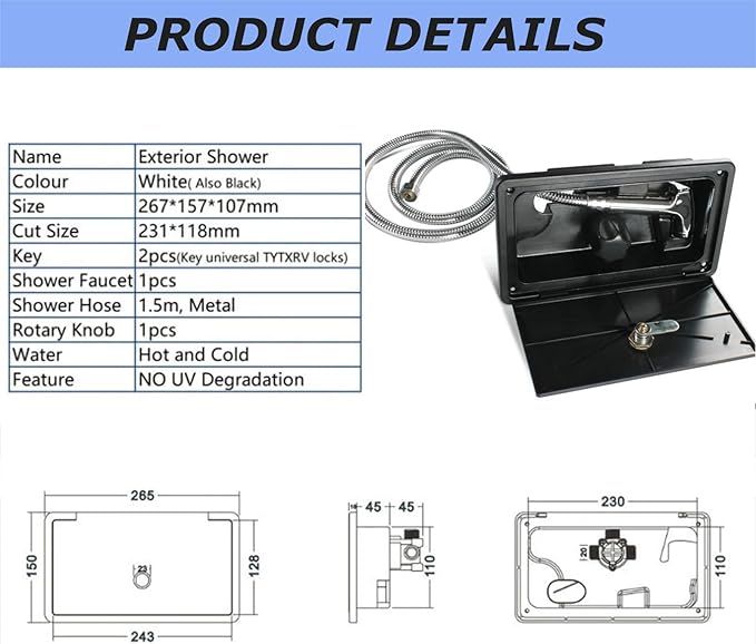 RV Exterior Shower Box Kit Torcarvh Shower Head with Lock with Hose and 2 Keys for Marine Boat RV Motorhome Caravan Camper Accessories (Black)