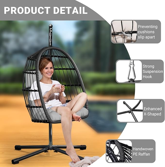 CHABATREE Egg Chair with StandPatio Rattan Wicker Hanging Swing Egg Chair Hammock Chair for Bedroom Porch GardenThickened Aluminum Alloy Steel Frame and UV Resistant Cushion350LBS Capacity