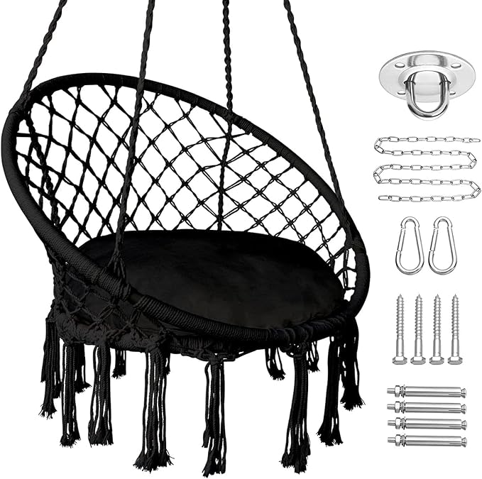 Hanging Swinging Chair Macrame Hammock Hanging Swinging Chairs with Soft Cushions and Hardware Accessories Hanging Chair for Indoor and Outdoor Use 3 Installation Methods Beige (1 Black)