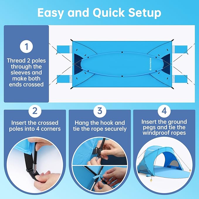 Raynesys Beach Tent Sun Shelter Sun Shelter for 1-4 Person Beach Shade Tent Beaches Shade with 2 Zippered Doors Portable Tents for Camping Fishing Blue
