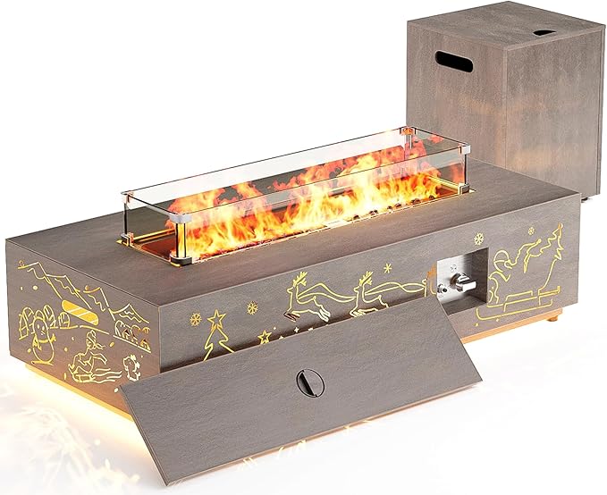 42 Outdoor Fire Pit Table 50000 BTU Gas Fire Pit with Glass Wind Guard Fire Stones Waterproof Cover Propane Fire Pit Table for Outside Patio Hollow-Out (Elk Brown)