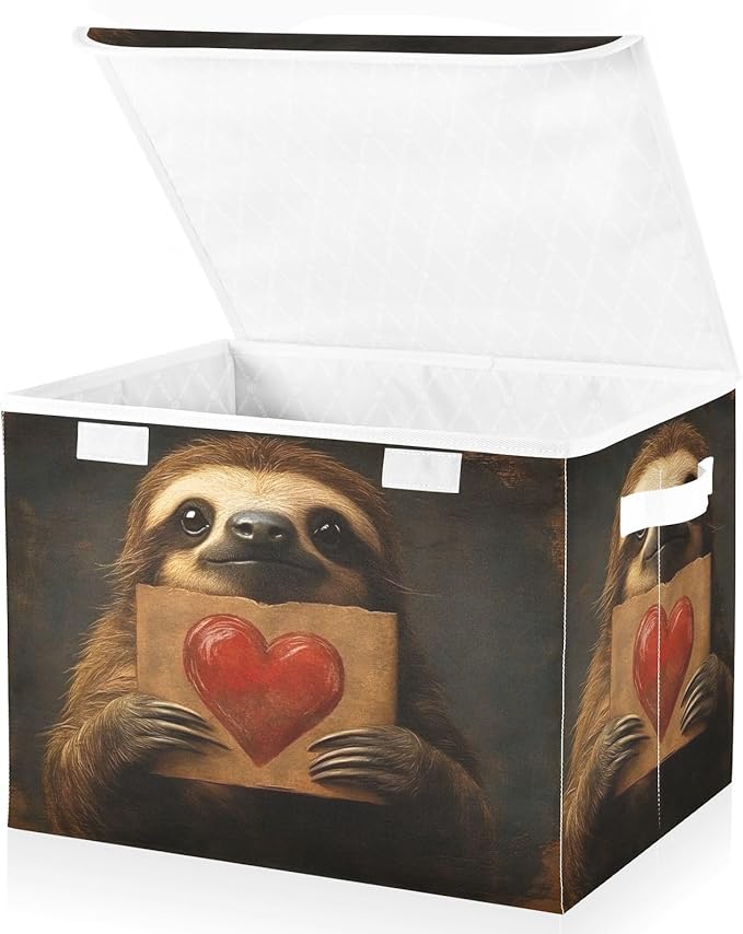 AIXIWAWA Lidded Storage Cube (Sloth with Heart) Fabric Foldable Closet Bins with Flip Lid and Handles Organizer Basket Container 16.5 x 12.6 x 11.8 IN