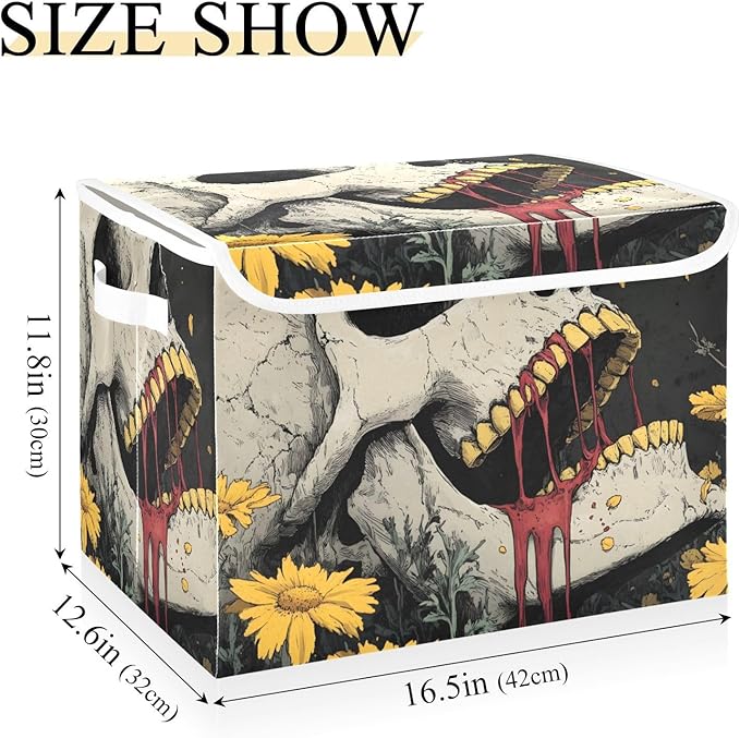 Storage Cube with Lid Horror Skull Print 16.5×12.6×11.8 IN Collapsible Large Capacity Foldable Storage Basket Bin Organizer