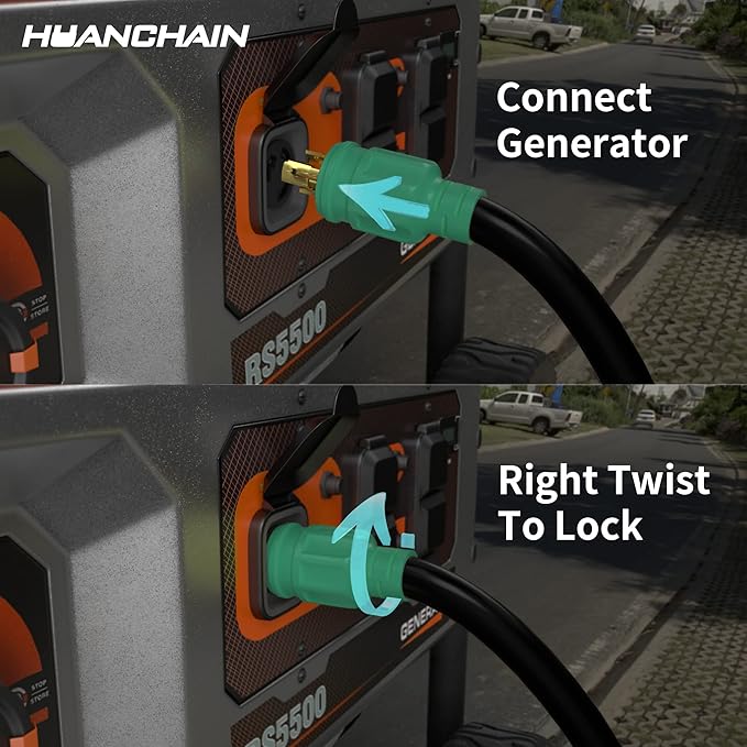 HUANCHAIN 3 Prong 30 Amp Generator Cord 10 Feet Heavy DutyNEMA L5-30P/L5-30R 10 Gauge 125V SJTW Green Lock Generator Extension Cord Waterproof ETL Listed