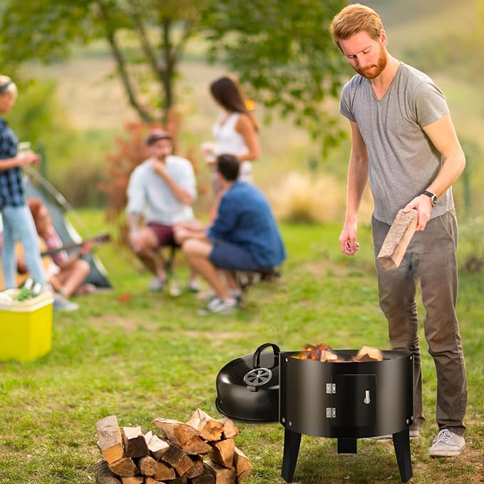 Vertical 19Inch Round Charcoal Smoker GrillHeavy-Duty BBQ Smoker for Outdoor Smoking Multi-Layer Pellet Ideal for Meats-Offset Charcoal Grill with HookThermometerBlack