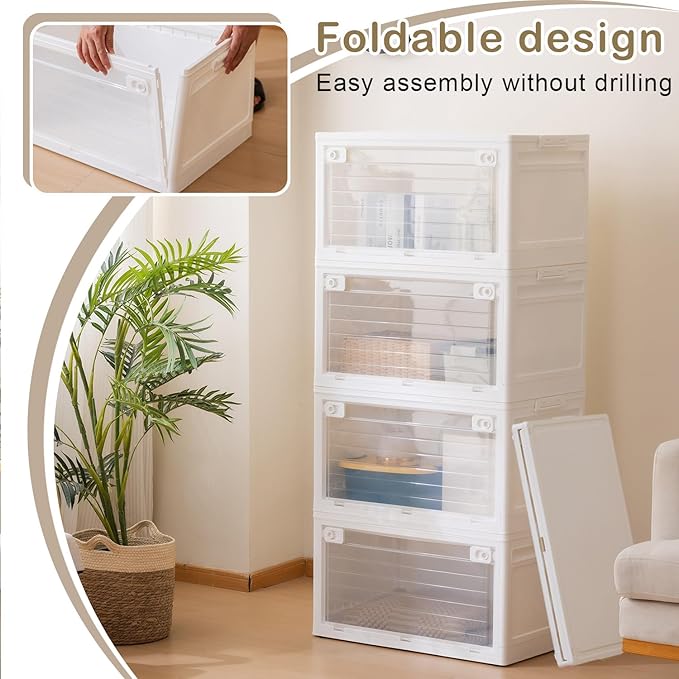 4-Tier 101QT Stackable Storage Bins with Lid Doors &amp Wheels Collapsible Plastic Organizer Bins for Closet Bedroom White