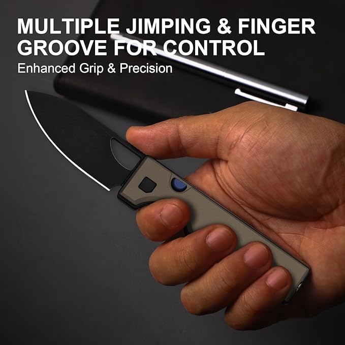 Kizer Little Ringbo Pocket Knife 2.95 AEB-L Steel Drop Point Folding Knife with Brown Aluminum Handle Thumb Hole Opener Button Liner Lock EDC knives for Camping Hiking V3708A2