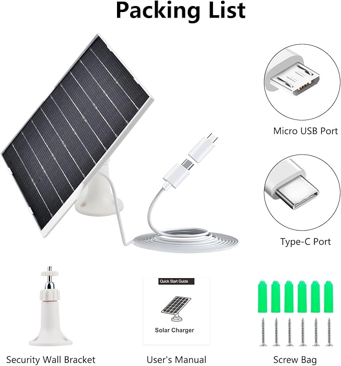 9W Solar Panel for Security Cameras IP65 Waterproof with 360° Bracket &amp 9.8FT Cable 5V Solar Power for Rechargeable Battery Cameras (USB-C/Micro USB)