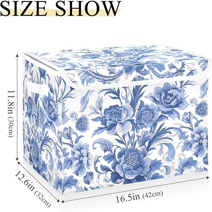 Flower Blue Lidded Storage Bins with Handles - 16.5x12.6x11.8 Foldable Organizing Box Oxford Fabric &amp Honeycomb Board Dust-Proof Flip Lid for Closet/Office