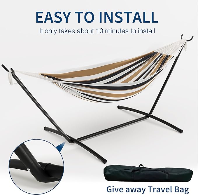 Double Cotton Hammock with Steel Stand for Outside Brazilian Style 450lbs Capacity Portable Indoor Outdoor Lounger with Carry Bag 2-Person Capacity Ideal for Backyard Garden Camping Brown