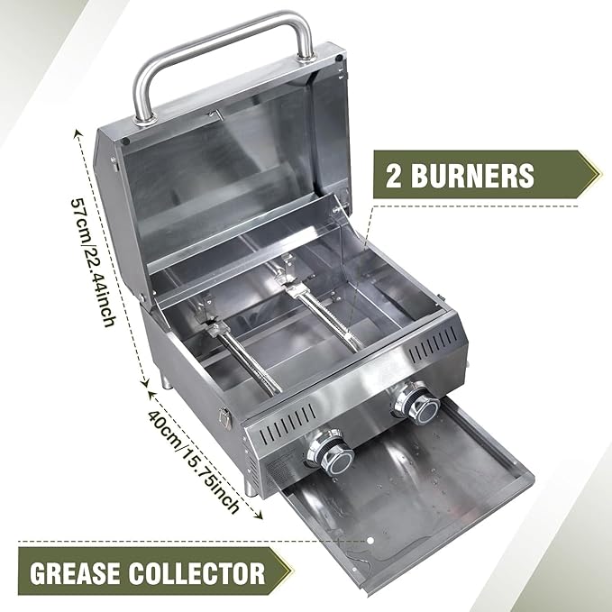 Llamaviva 2-Burner Tabletop Gas Grill with Outdoor Table Portable Stainless Steel Cooking Station with Storage Shelves Hooks and Locking Wheels for Tailgating Camping &amp Backyard BBQ