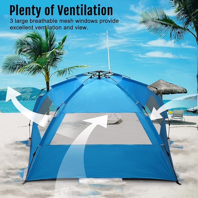 WhiteFang Deluxe Pop Up Beach Tent Sun Shade Shelter for 3-4/5-6 Person UV Protection Extendable Floor with 3 Ventilating Windows Plus Carrying Bag Stakes and Guy Lines