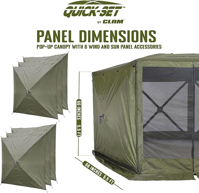Clam Quick-Set Wind &amp Sun Panels 3-Pack – Green Screen Tent Sidewalls – Fits Traveler Venture &amp Escape – Full Coverage Shade &amp Privacy – Carry Bag – Tent Not Included