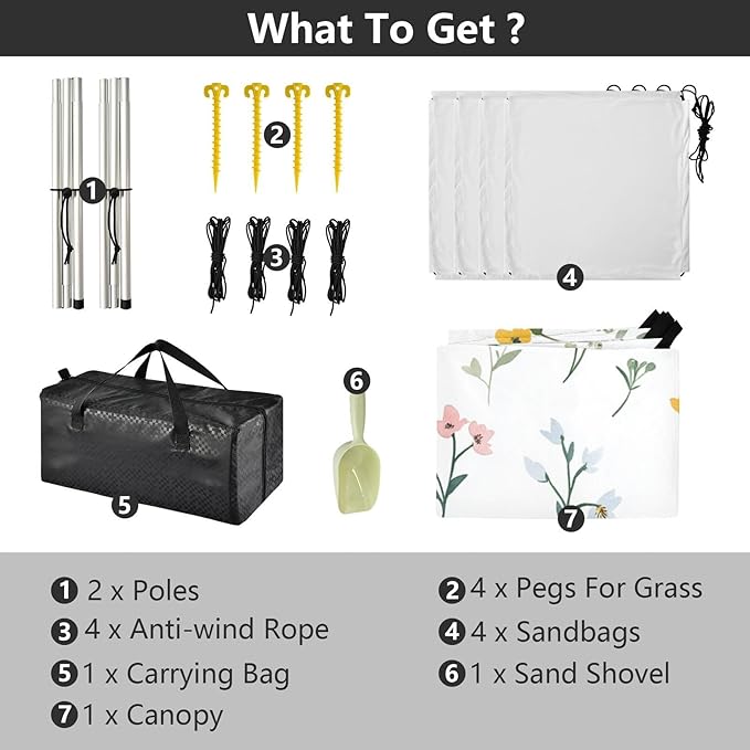 Little Spring Flowers Foldable Beach Canopy UPF50+ Lightweight Large Portable Sun Shelter with Sandbags Sand Shovel Poles for Camping Picnics Backyard