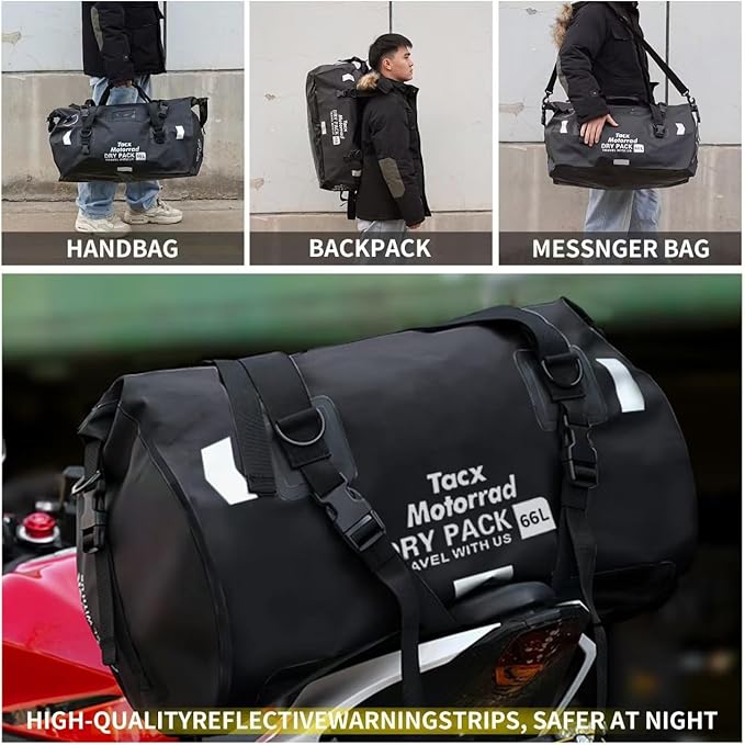 Waterproof Duffel Bag for Men/Women Roll-top Dry Backpack Duffel Bag with Quick-fixed Straps Motorcycle Tail Saddle Bag for Motorcycling Rafting Boating Kayaking Travel 66L-Black