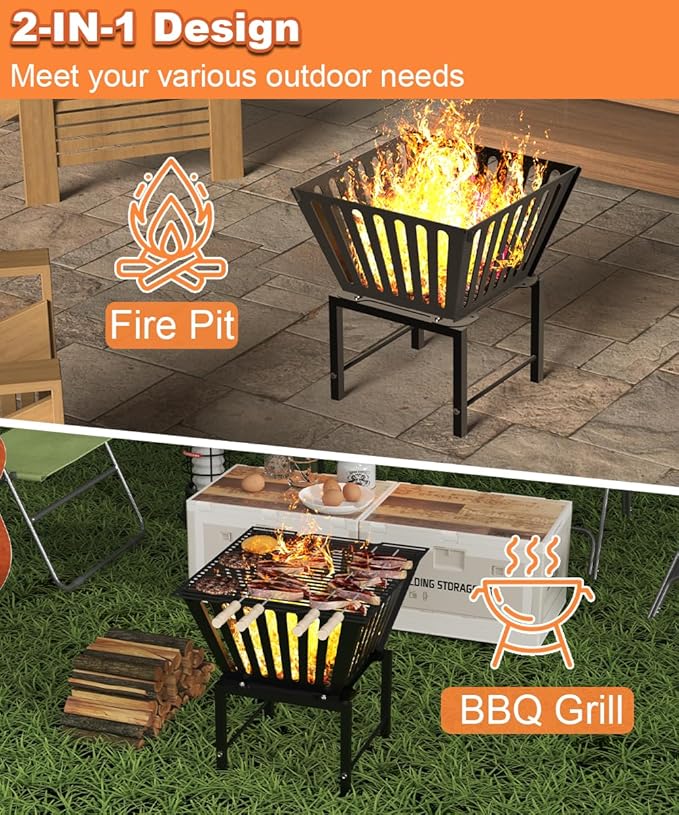 Mondazie Outdoor Fire Pit — 17 Inch Portable with Storage Bag for Camping Patio Heating Picnic and BBQ Trapezoid Vertical Hollow Black