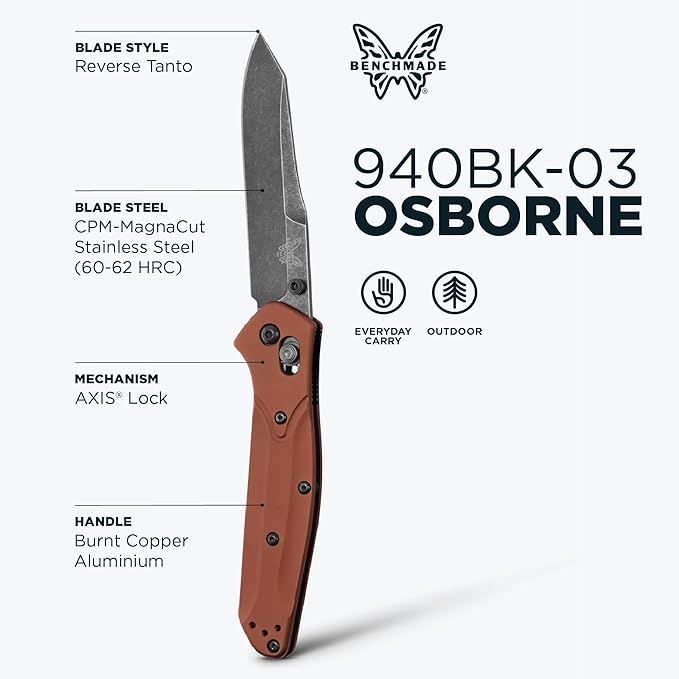 Benchmade - Osborne Every Day Outdoor Folding Knife Reverse Tanto Blade with Burnt Copper Aluminum Handle (940BK-03)