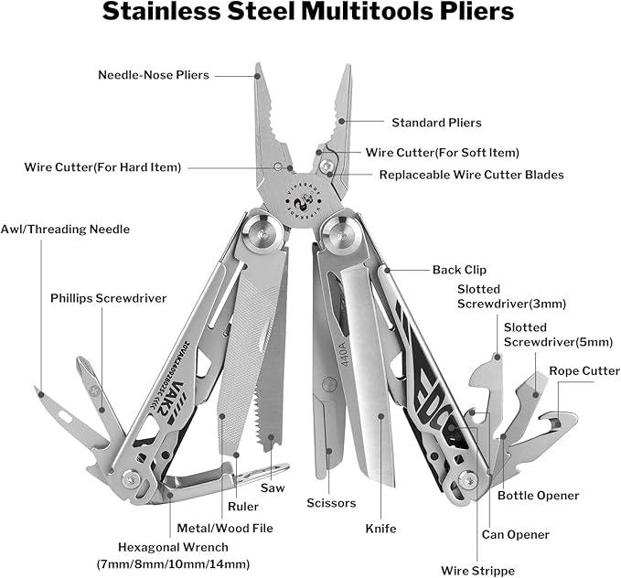 Viperade VAK2 Multitool 20 In 1 Stainless Steel Multi Tool Pliers Pocket Knife with Self-Locking Foldable Heavy-duty Multitools with Scissors and Screwdriver Bits Set for Hiking Camping Repair