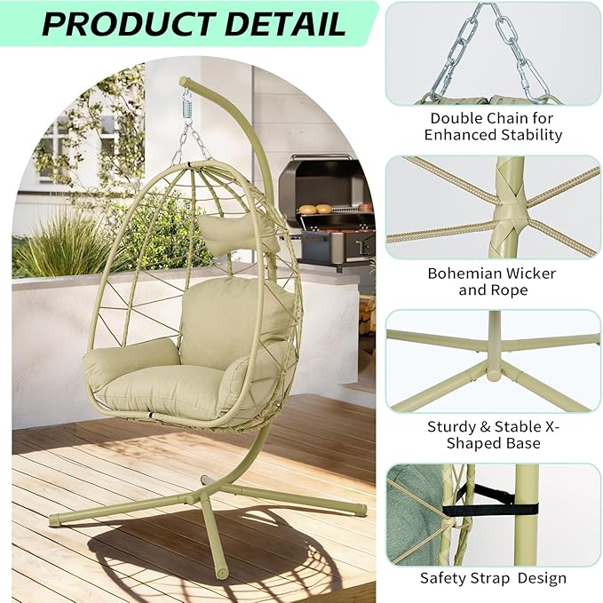 Hanging Egg Chair with Stand Outdoor Indoor Patio Rattan Swing Hammock Chairs with Washable Cushion PE Wicker Swing Chair for Backyard Bedroom Garden (Cyan + Cyan Cushion No Footrest)