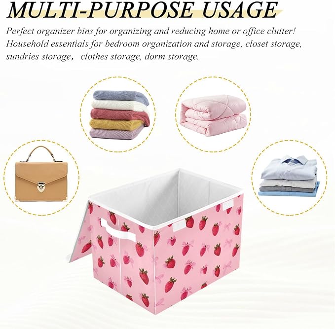 Collapsible Storage Bins with Lids Decorative Fabric Storage Cubes Closet Organizer and Storage Basket Boxes Containers for Clothes Box Chest Nursery Folding Rectangle Red Strawberry Bows