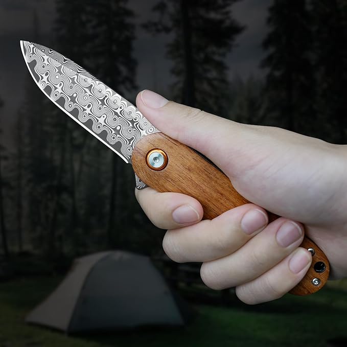 Zingbee Damascus Pocket Knife 2.95 Damascus Steel Blade Pocket Knives &amp Folding Knives Wooden Handles EDC Knife for Women Men