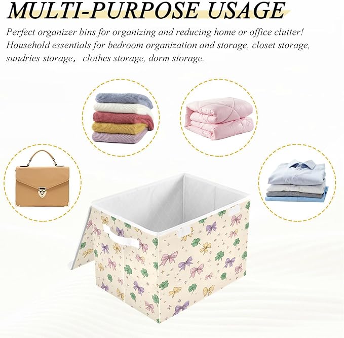 Storage Bins With Lid Stackable Fabric Closet Organizer Clothing Storage Large Boxes For Closet Shelves Bedroom Clovers Bows Stars Beige