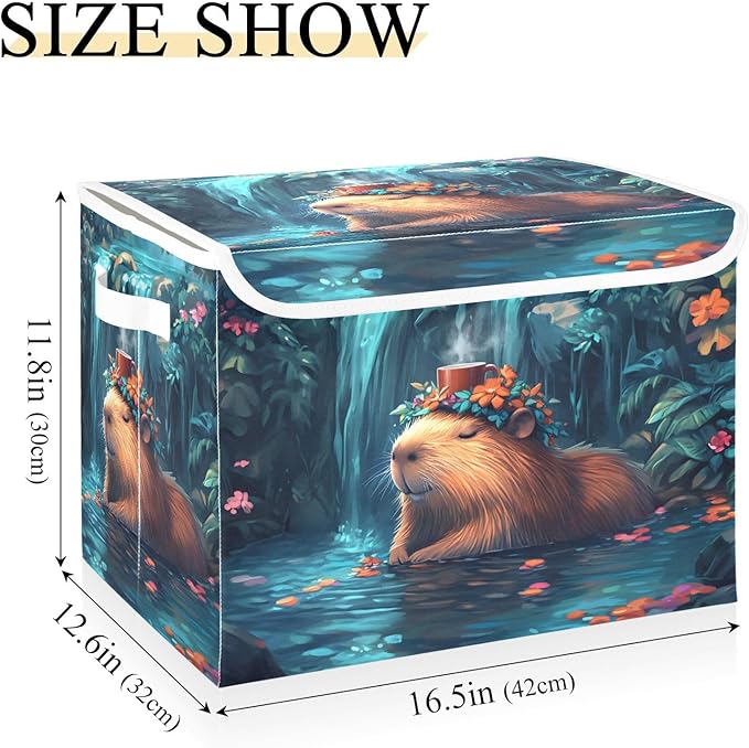 AIXIWAWA Lidded Storage Cube (Cute Peaceful Capybara) Fabric Foldable Closet Bins with Flip Lid and Handles Organizer Basket Container 16.5 x 12.6 x 11.8 IN