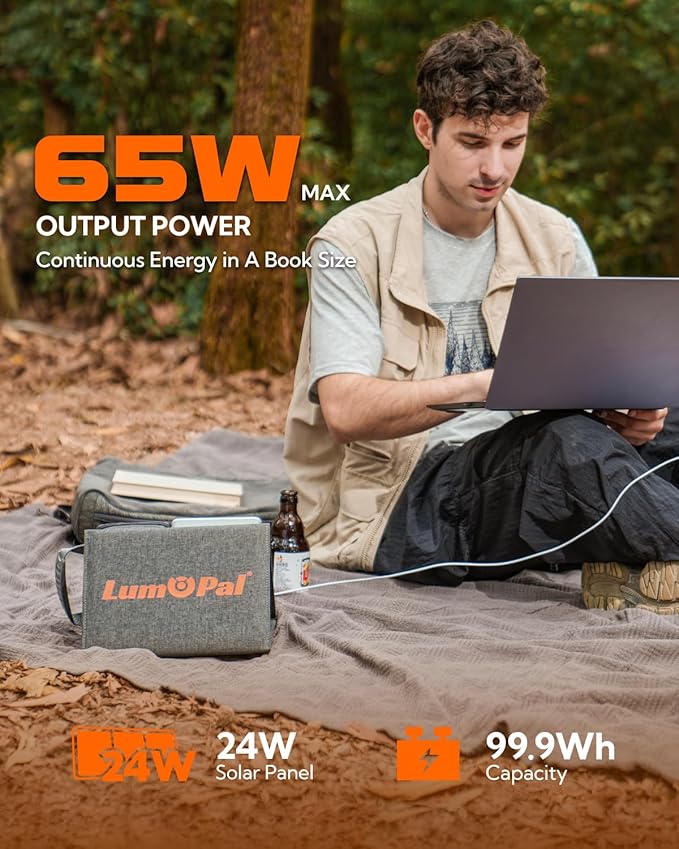 Lumopal Portable Solar Charger 99.9 Wh Battery Bank Equipped with 24W Foldable Solar Panels and 600 Lumen Adjustable LED Camping Light 65W PD USB-C 22W QC3.0 USB A Output for Outdoor