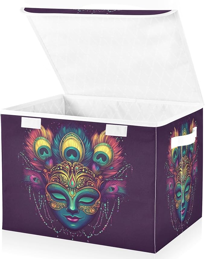 Mardi Gras Storage Baskets with Lids Carnival Mask Collapsible Bins Stackable Fabric Linen Baskets Closet Organizer Container 16.5x12.6x11.8