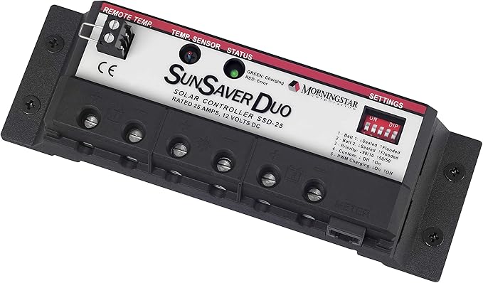 Morningstar SunSaver Duo 25A PWM Solar Charge Controller (SSD-25) - Solar Panel Regulator for Two 12V Batteries Adjustable Charge Settings Great for RVs/Boats 5 Year WTY - Designed in The USA