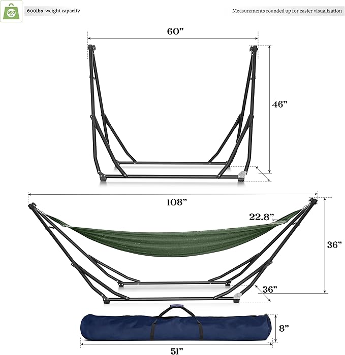 Tranquillo UniGen Hammock/Hammock with Stand for Outside Double Hammock for 2 Persons Foldable Portable Hammock Stand 600 lbs Capacity/Portable Hammock with Stand Foldable Moss Green