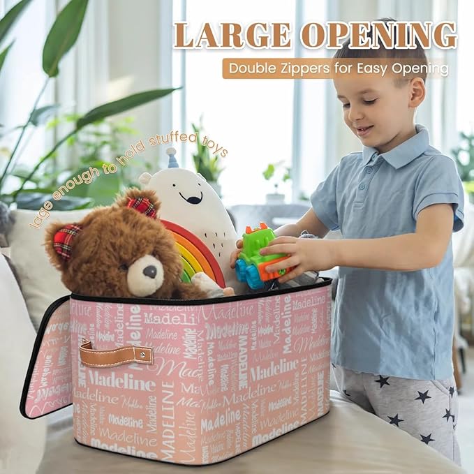 Custom Storage Basket with Name Personalized Keepsake Box with Zipper Lid Foldable Fabric Memory Bin Large capacity with Handle Pink Orange